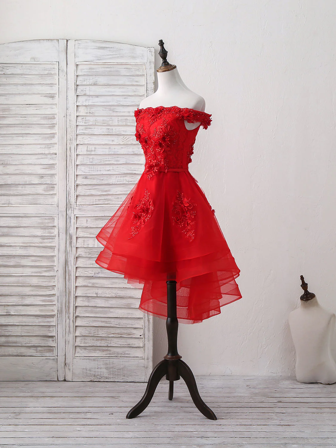 Red Tulle Lace Off Shoulder Short Prom Dress, Red Homecoming Dress - Deanwangkt