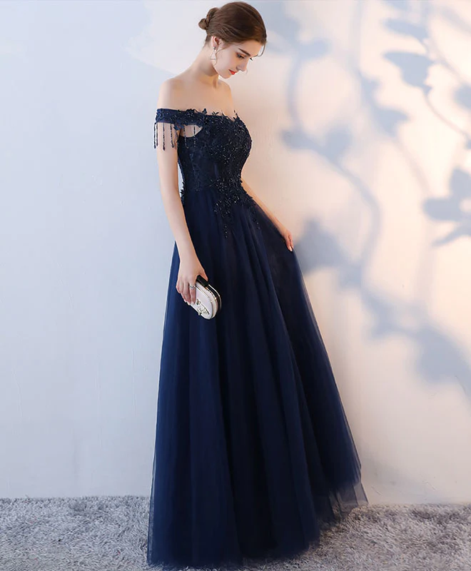 Dark Blue Tulle Beaded Long Prom Dress, Blue Evening Dress - Deanwangkt