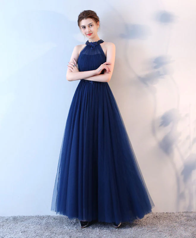 Blue Halter Tulle Long Prom Dress, Blue Evening Dress - Deanwangkt