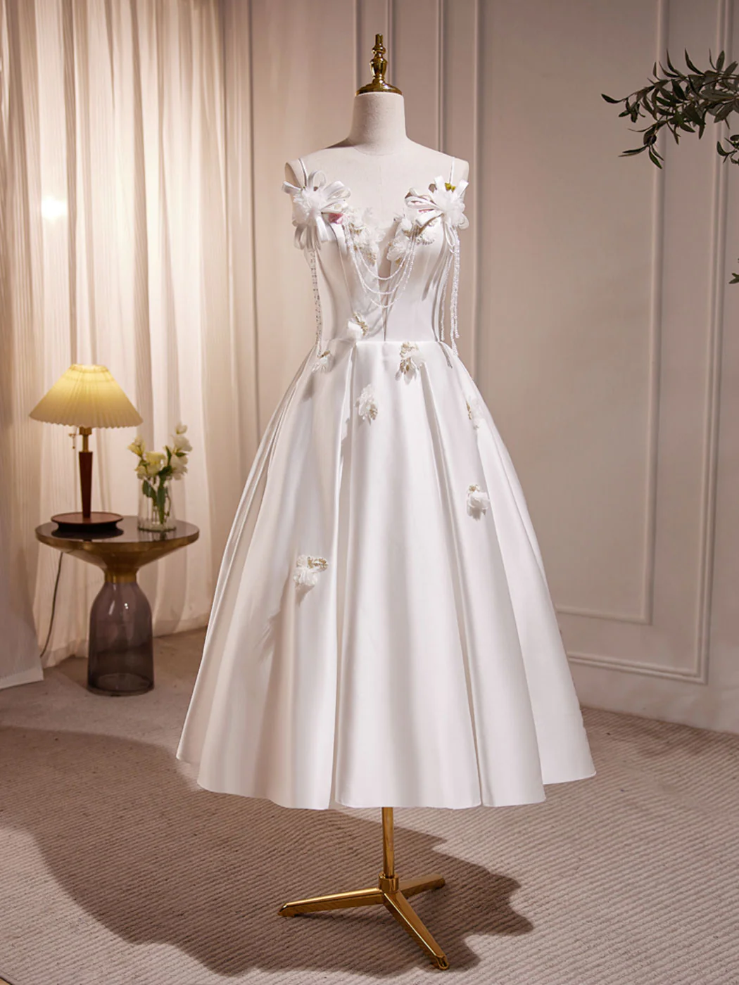 White V Neck Satin Tea Length Prom Dress, White Formal Dress With Beading - Deanwangkt