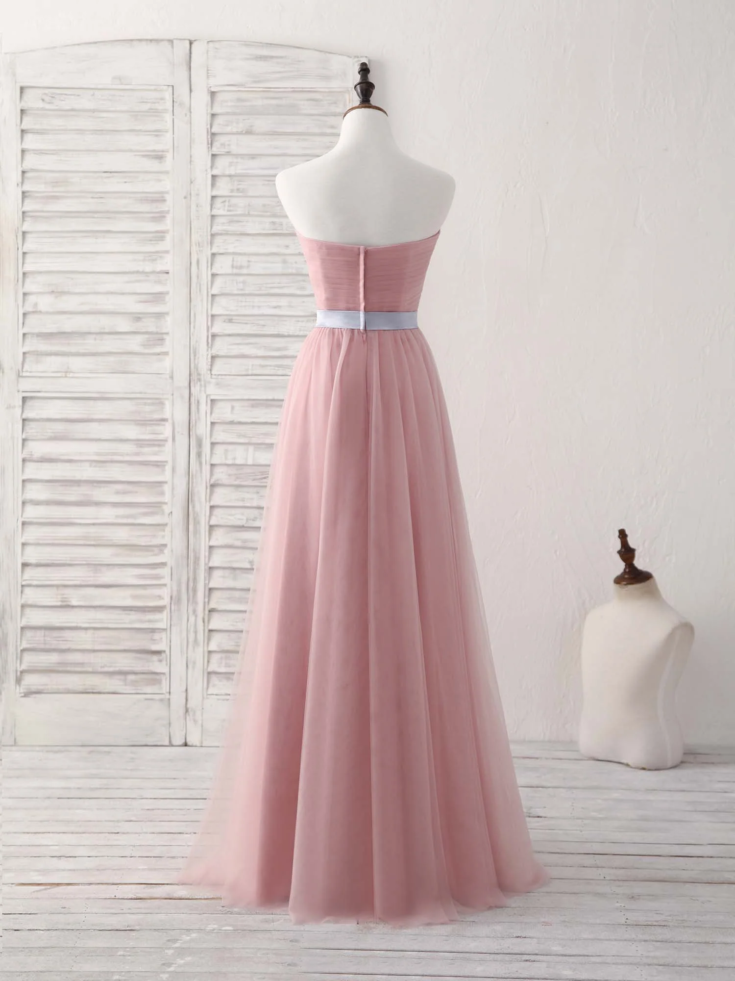 Pink Sweetheart Neck Tulle Long Prom Dress, Aline Pink Bridesmaid Dress - Deanwangkt