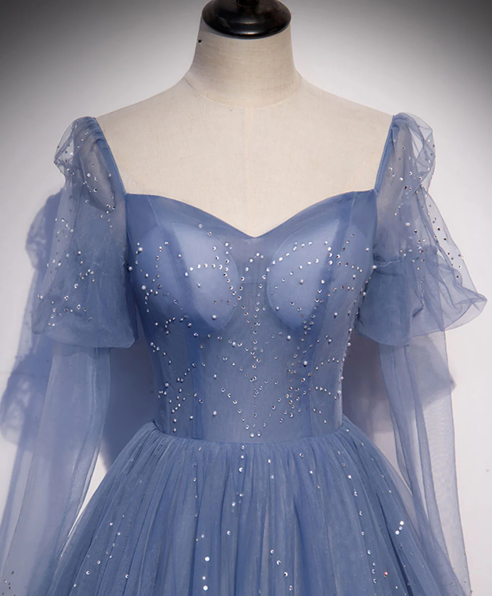 A line Blue Long Prom Dress, Blue Formal Graduation Dress with Beading - Deanwangkt