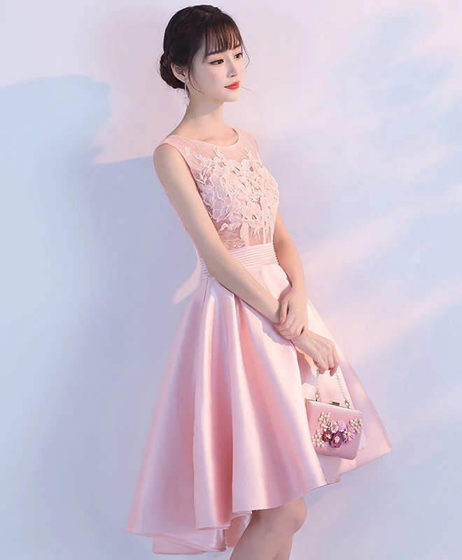 Pink Lace Short Prom Dress, High Low Evening Dress - Deanwangkt