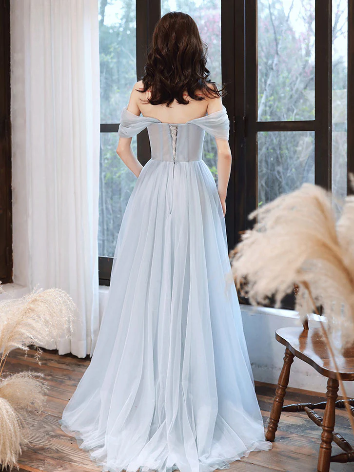 Blue Tulle Off Shoulder Tulle Lace Long Prom Dress, Blue Formal Dress - Deanwangkt