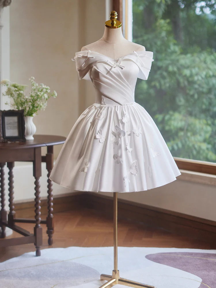 Off Shoulder A-Line Satin White Short Prom Dress with Butterfly Applique - Deanwangkt