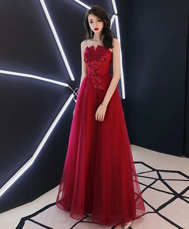 Simple Burgundy Long Prom Dress, Burgundy Evening Dress - Deanwangkt