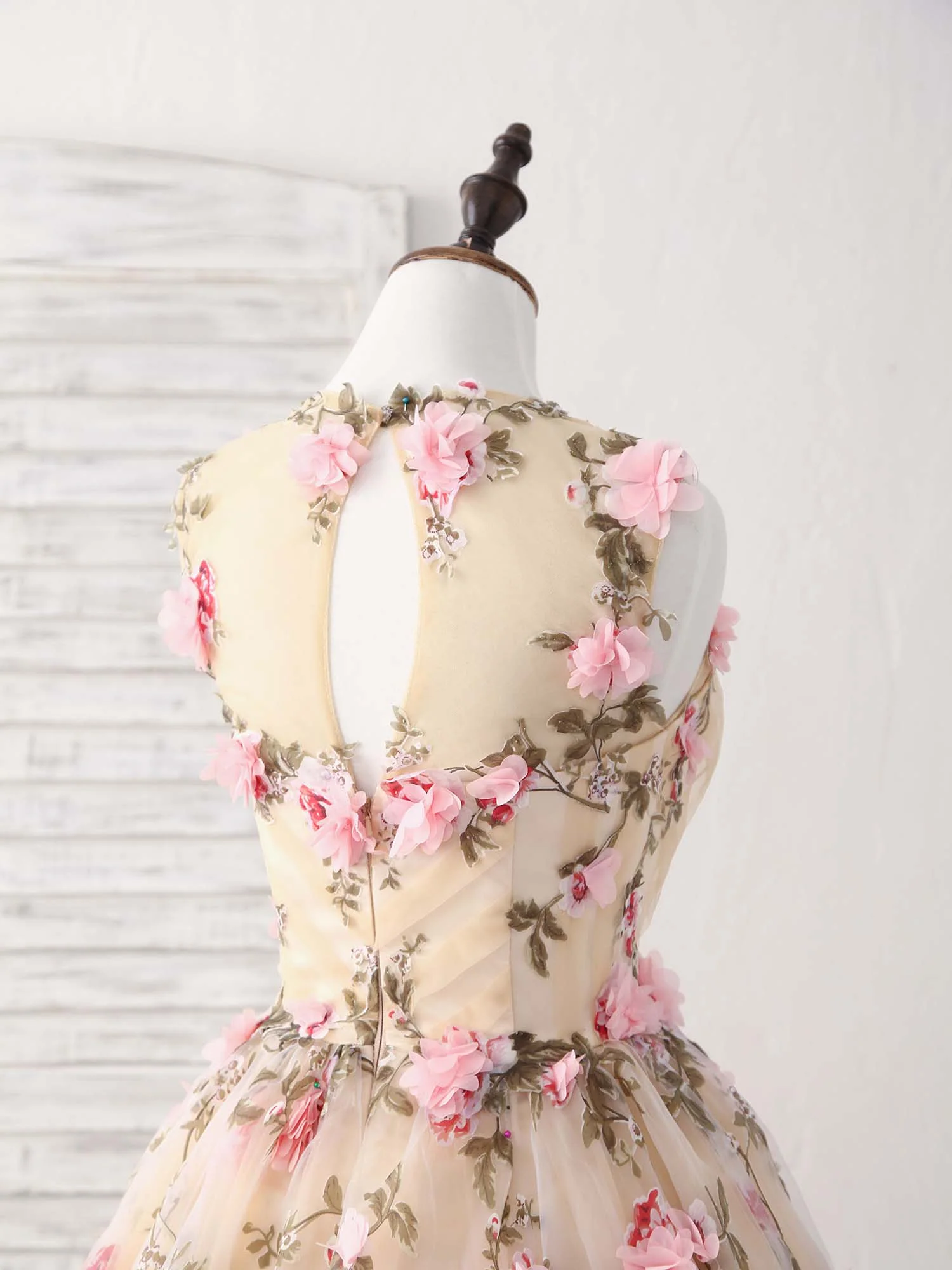 Unique Champagne 3D Applique Short Prom Dress Cute Homecoming Dress - Deanwangkt