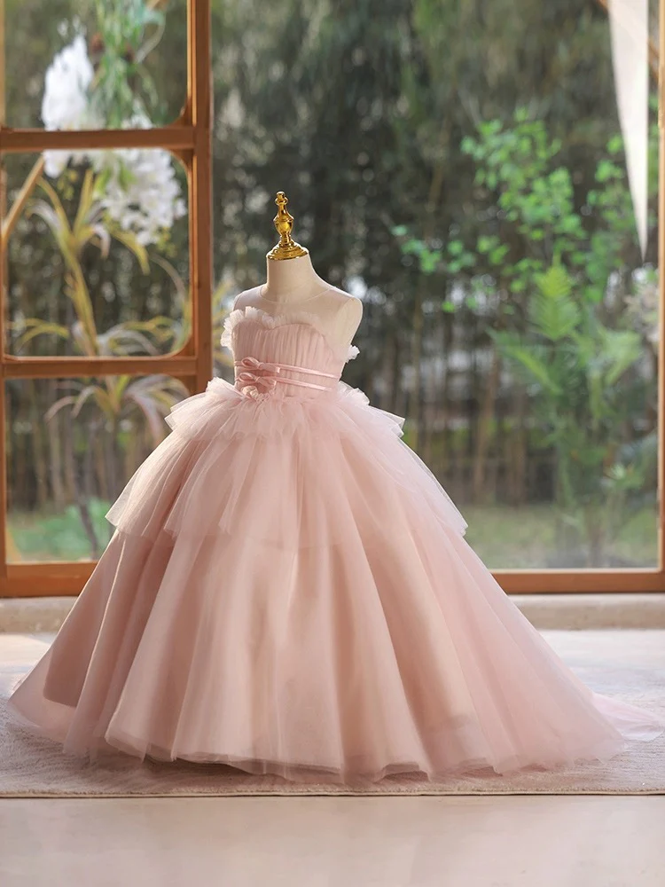 A-Line Pink Tulle Long Flower Girl Dress - Deanwangkt