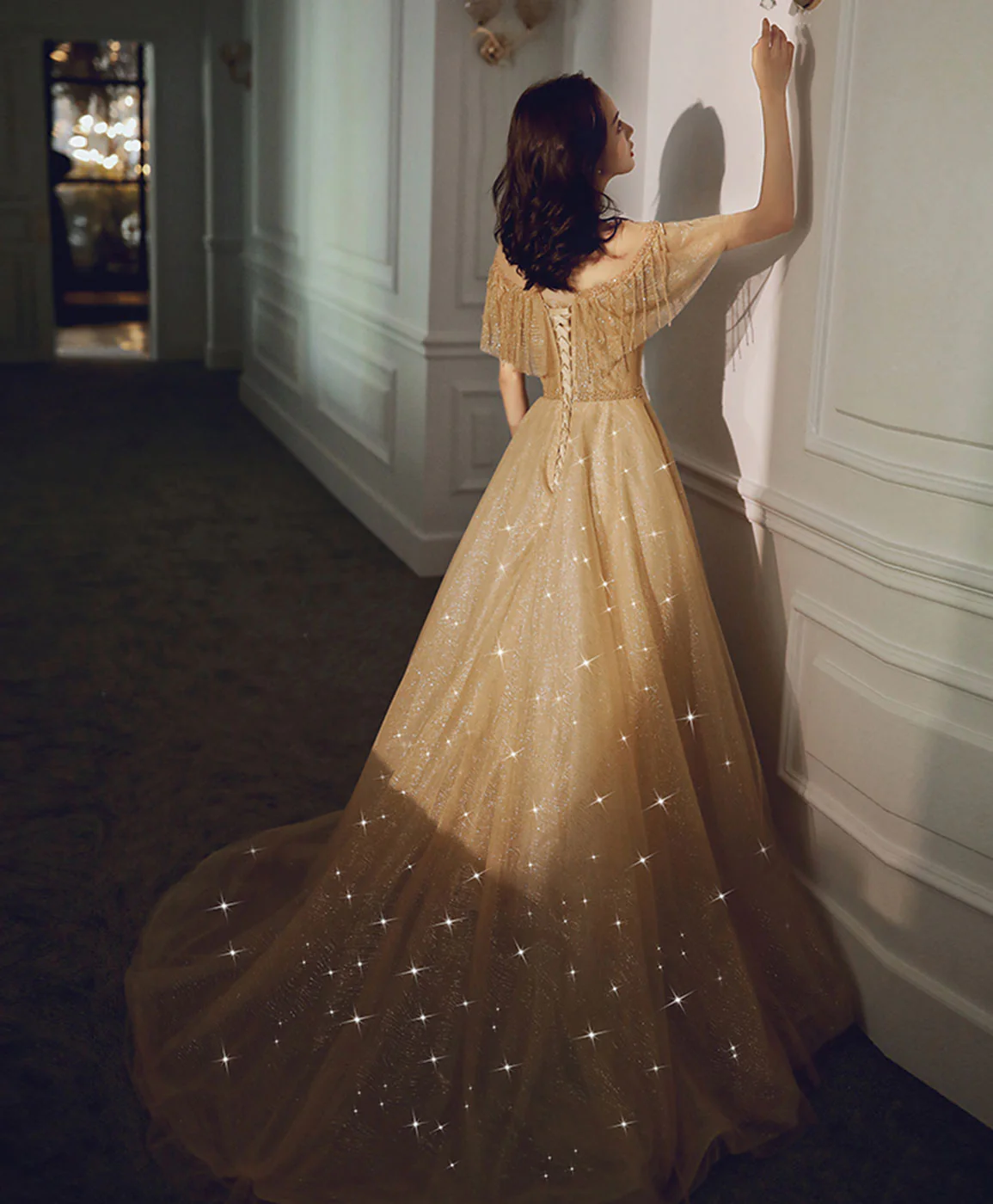 Champagne Round Neck Tulle Sequin Long Prom Dress Tulle Formal Dress - Deanwangkt