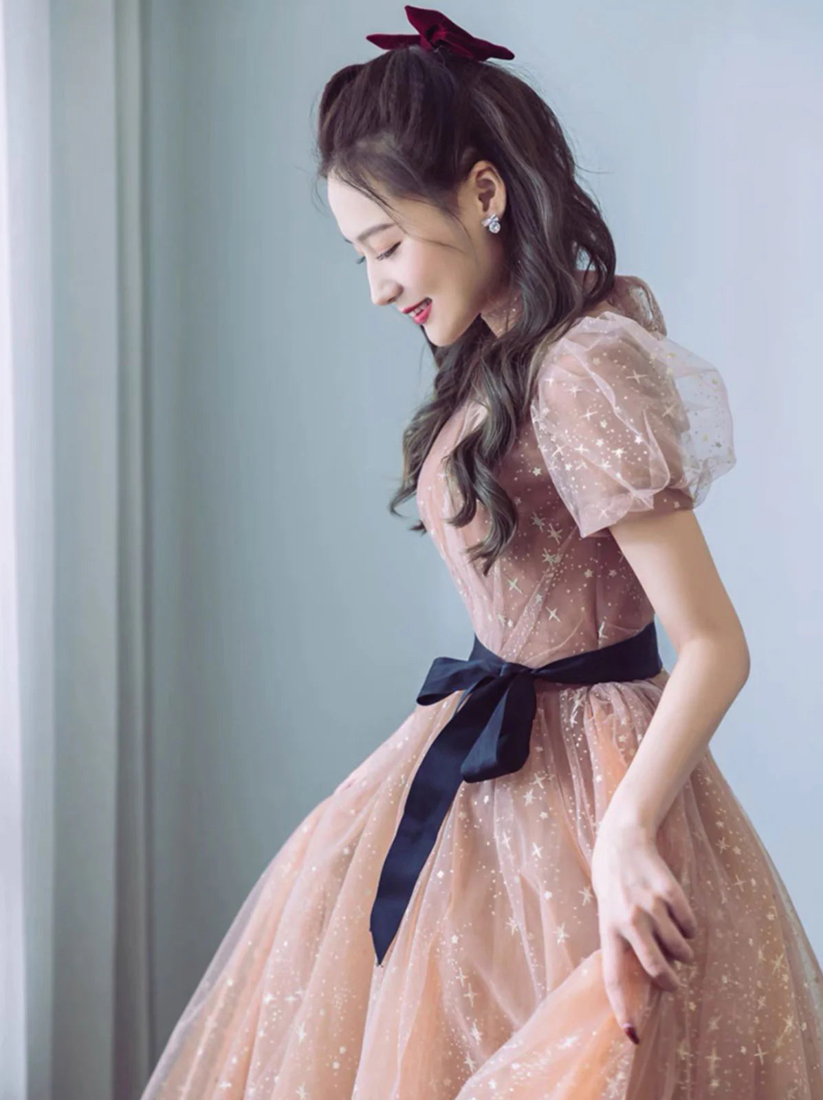 Simple Champagne V Neck Tulle Long Prom Dress, Champagne Evening Dresses - Deanwangkt