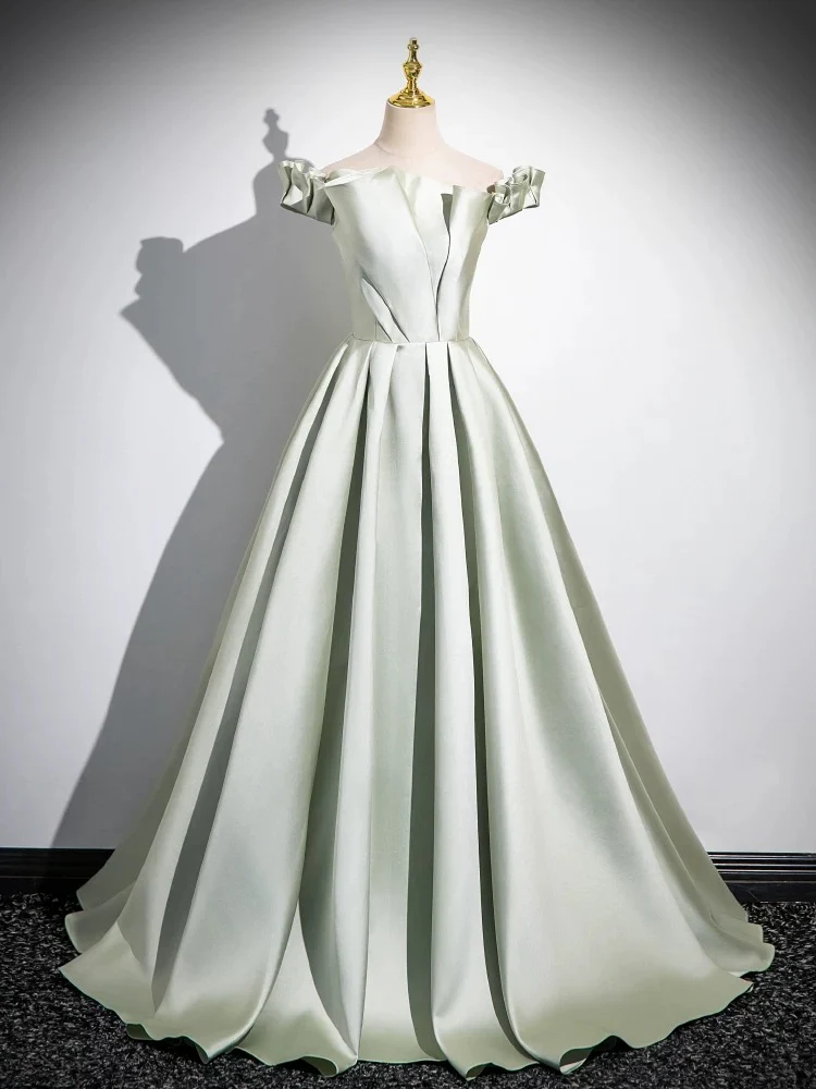 A-Line Off Shoulder Satin Light Green Long Prom Dress, Green Long Formal Dress - Deanwangkt