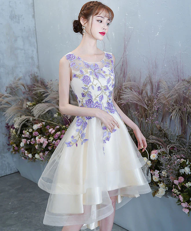 Light Champagne Tulle Lace Short Prom Dress, Lace Homecoming Dress - Deanwangkt