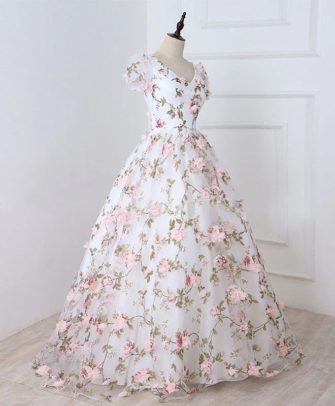 White V Neck 3D Flowers Long Prom Dress, White Evening Dress - Deanwangkt