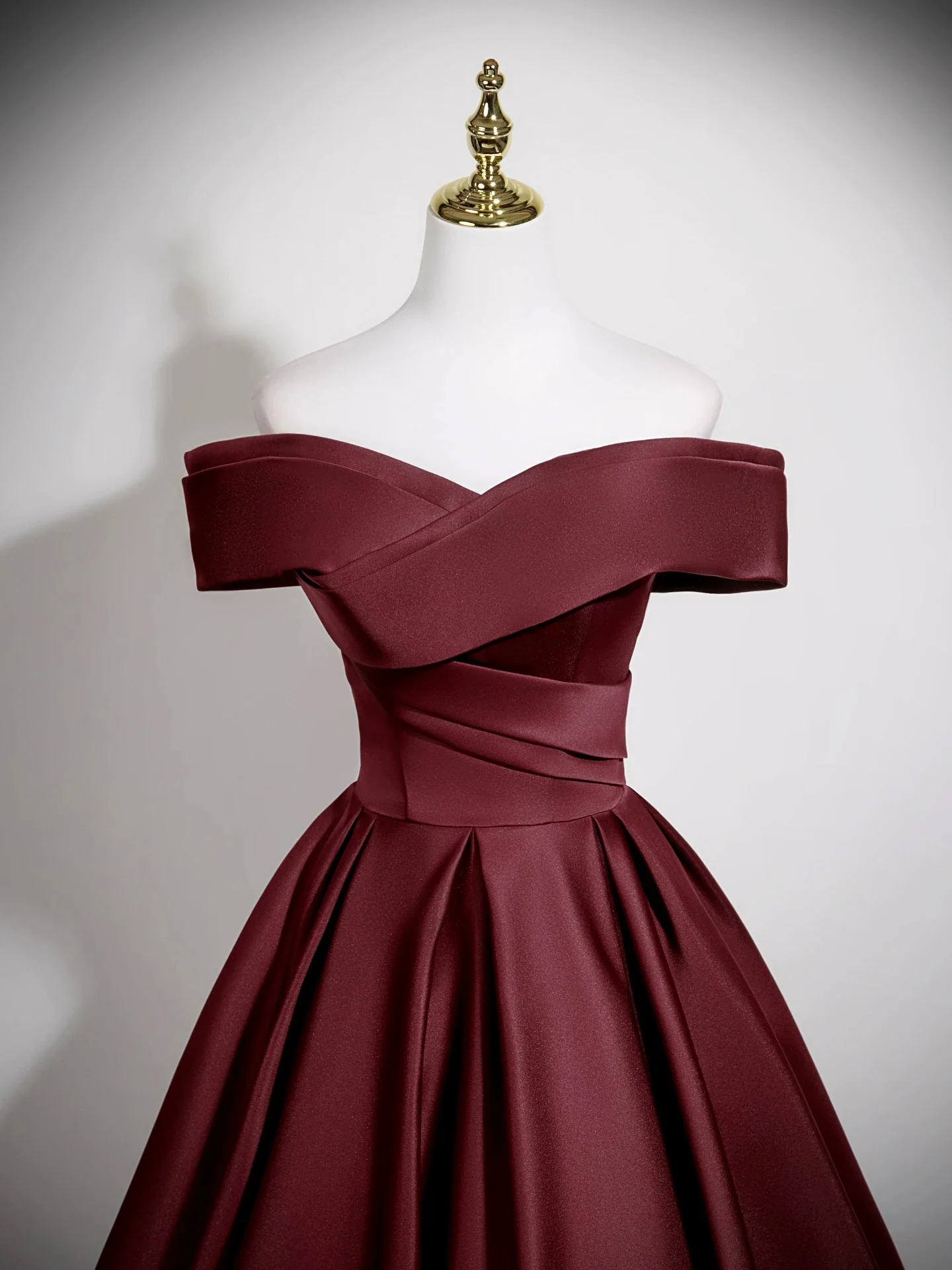 A-Line Off Shoulder Satin Burgundy Long Prom Dress, Burgundy Long Formal Dress - Deanwangkt