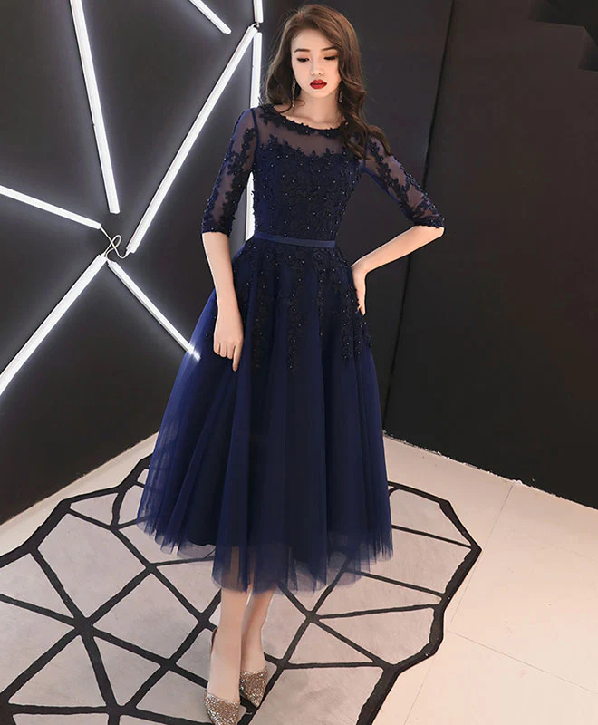 Blue Round Neck Tulle Lace Prom Dresses, Tea Length Blue Homecoming Dresses - Deanwangkt