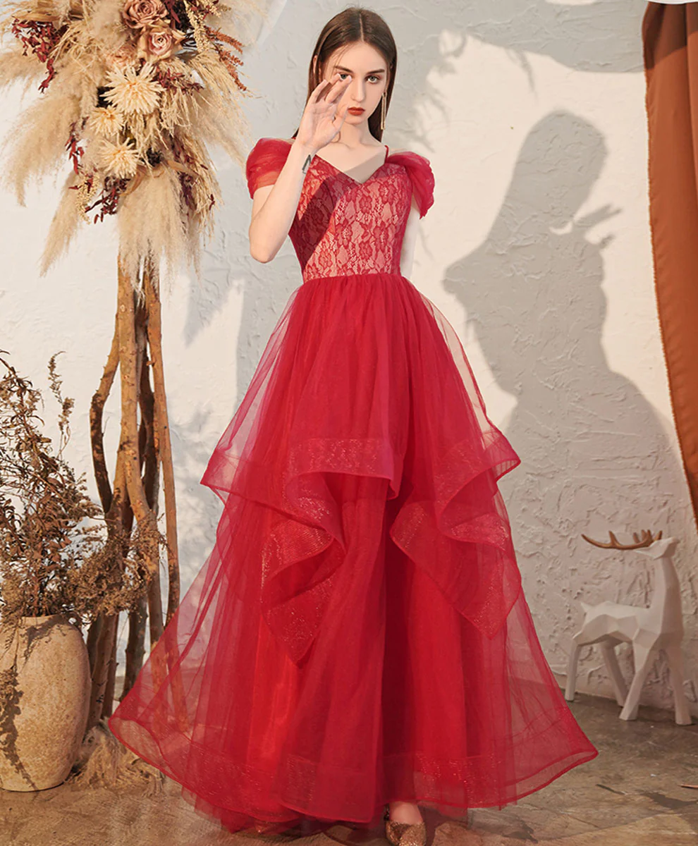 Red V Neck Tulle Ooff Shoulder Long Prom Dress, Red Formal Graduation Dress - Deanwangkt