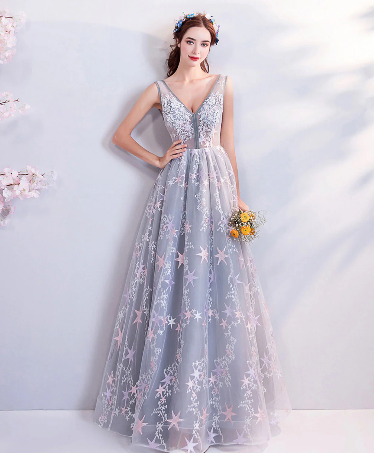 A-Line Gray V Neck Lace Long Prom Dress, Gray Lace Formal Evening Dresses - Deanwangkt