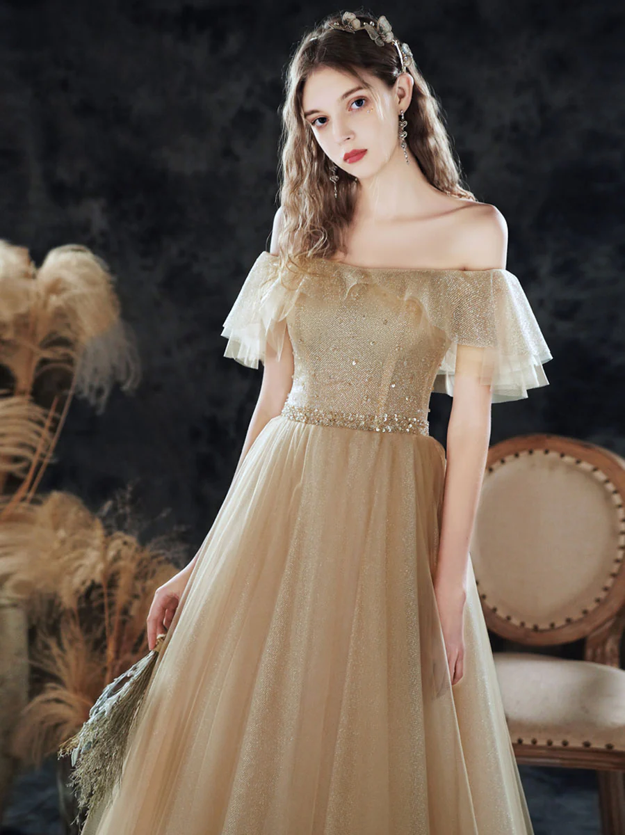 Simple Champagne Tulle Sequin Long Prom Dress, A Line Tulle Evening Dress - Deanwangkt