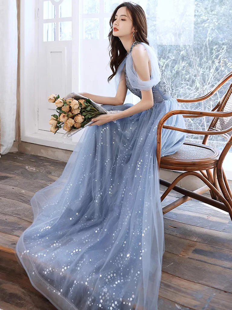 A-Line Off Shoulder Tulle Blue Long Prom Dress, Blue Lace Long Formal Dress - Deanwangkt
