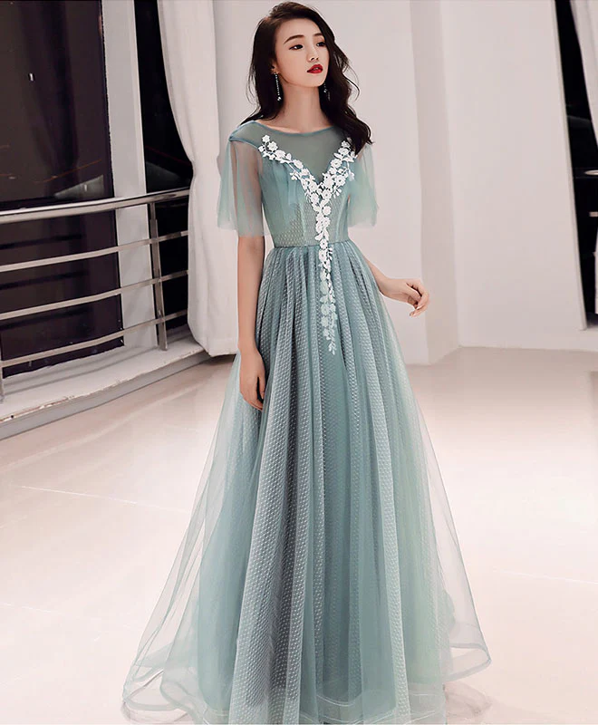 Green Round Neck Tulle Lace Long Prom Dress, Green Evening Dress - Deanwangkt