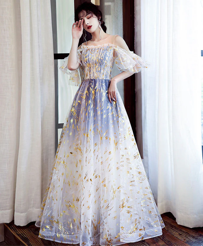 Unique Tulle Off Lace Long Prom Dress Tulle Formal Dress - Deanwangkt