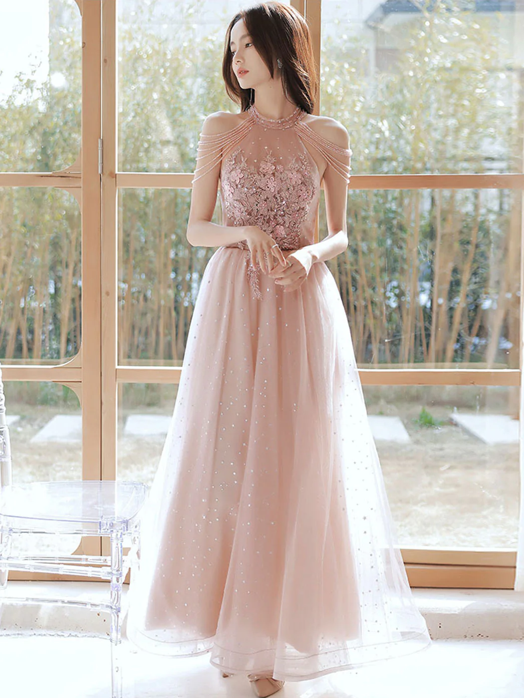 Unique Pink Tulle Lace Tea Length Prom Dress, Pink Tulle Formal Dresses - Deanwangkt