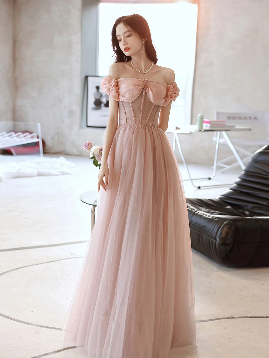 Pink Sweetheart Neck Tulle Beads Long Prom Dress, Pink Evening Dress - Deanwangkt
