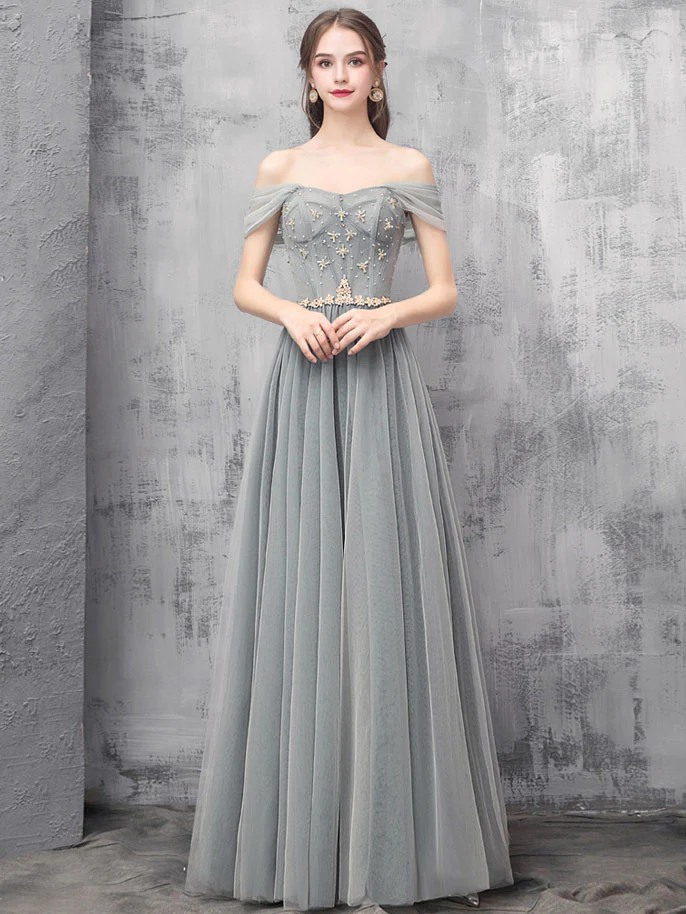 Gray A-line Off Shoulder Tulle Beads Long Prom Dress, Gray Evening Dress - Deanwangkt