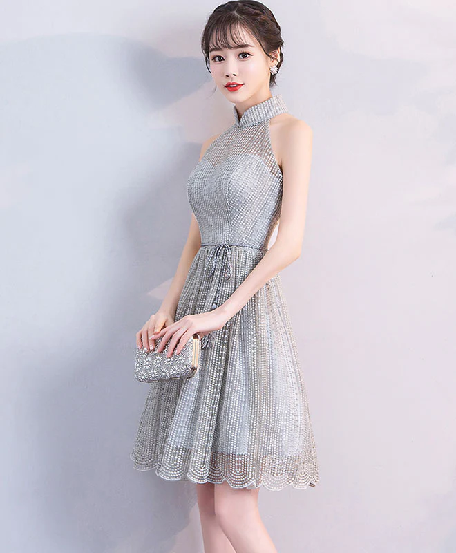 Gray High Neck Short Prom Dress, Gray Homecoming Dress - Deanwangkt