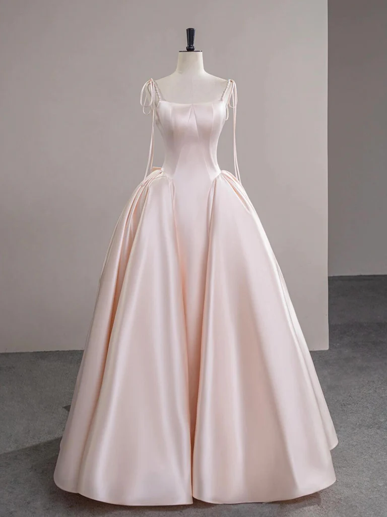 A-Line Satin Pink Champagne Long Prom Dress, Pink Champagne Long Formal Dress - Deanwangkt