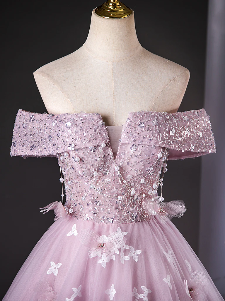 A-Line Off Shoulder Tulle Lace Pink Long Prom Dress, Pink Long Formal Dress - Deanwangkt