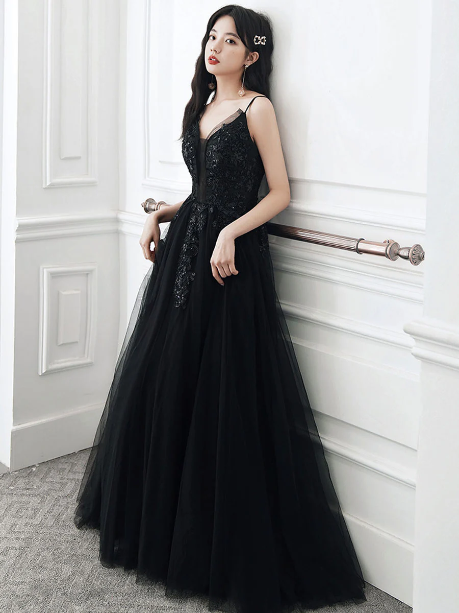 Black Long Prom Dresses, Aline Black Formal Graduation Dresses - Deanwangkt
