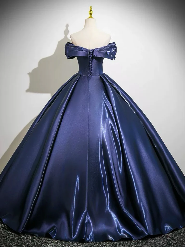 A-Line Off Shoulder Satin Dark Blue Long prom Dress, Dark Blue Long Formal Dress - Deanwangkt