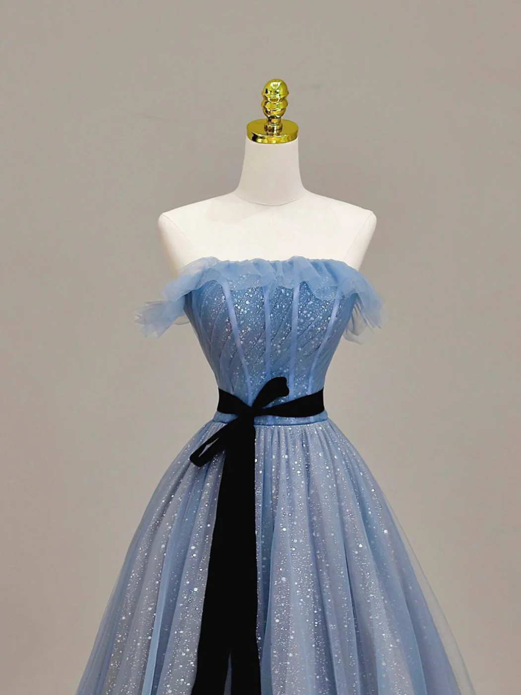A-Line Blue Long Prom Dress, Tulle Sequin Long Blue Formal Evening Dress - Deanwangkt