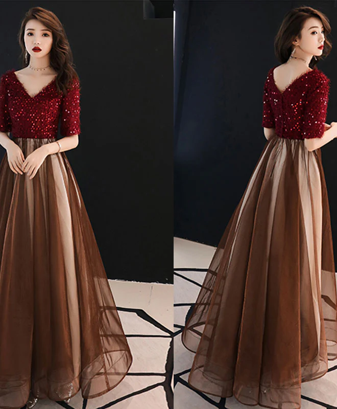 Burgundy Sequin Tulle Long Prom Dress, Burgundy Evening Dress - Deanwangkt
