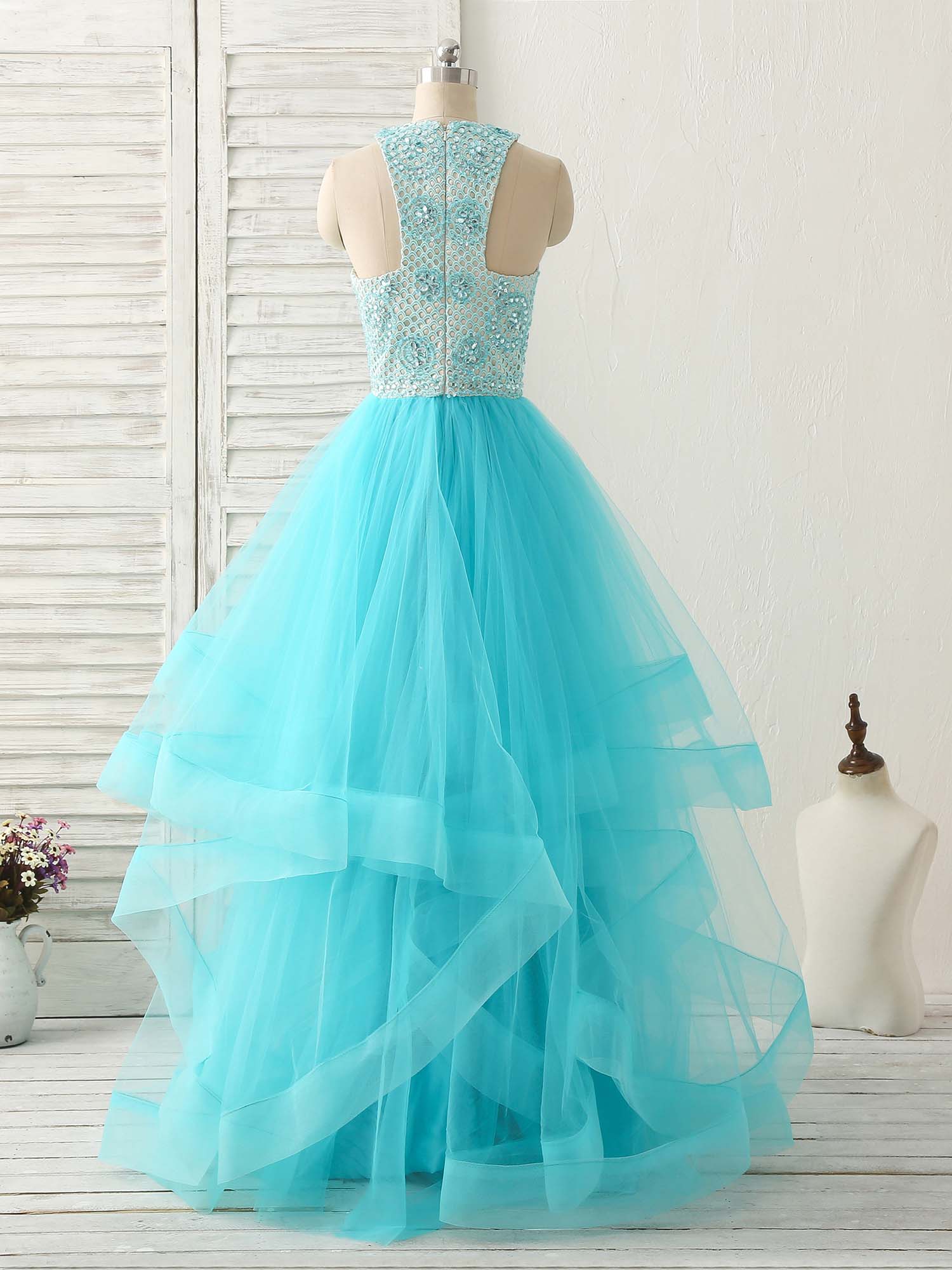 Blue High Neck Tulle Long Prom Dress Blue Evening Dress - Deanwangkt