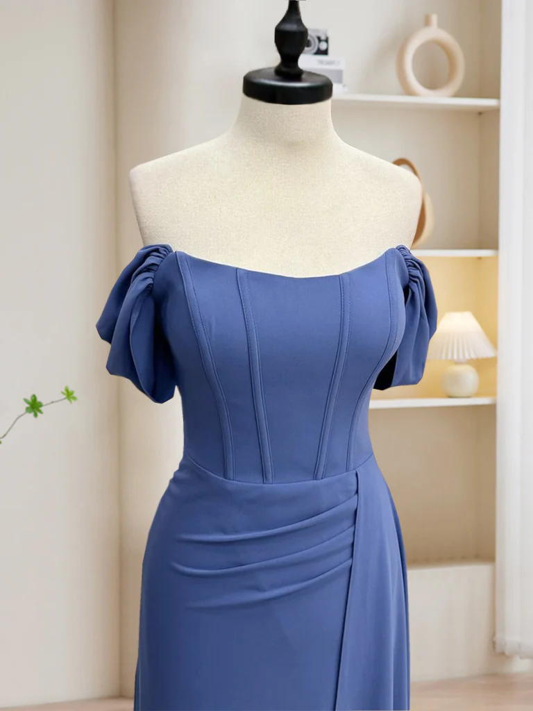 Simple Off Shoulder Gray Blue Long Prom Dress, Gray Blue Long Formal Dress - Deanwangkt