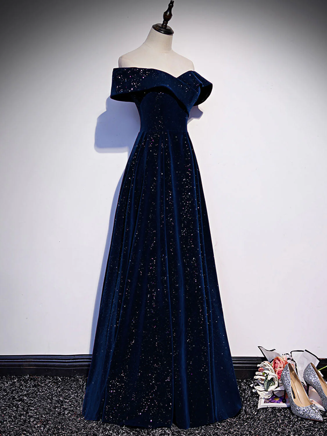 A-Line Off Shoulder Velvet Dark Blue Long Prom Dress, Dark Blue Long Formal Dress - Deanwangkt