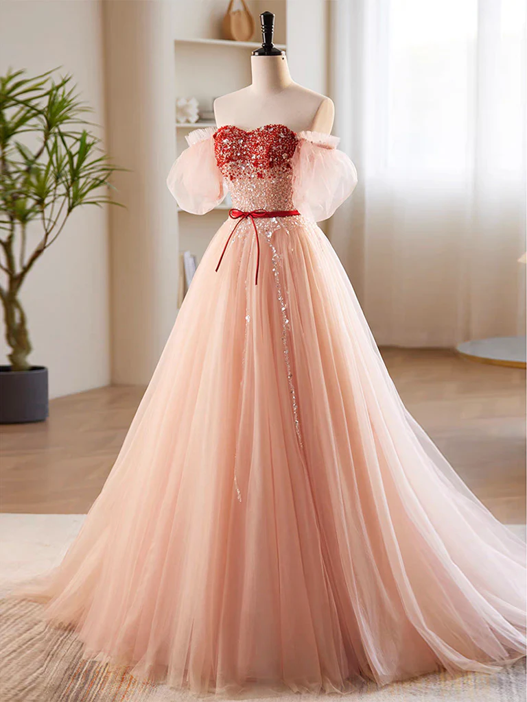 A-Line Sweetheart Neck Sequin Tulle Pink Long Prom Dress, Pink Formal Dress - Deanwangkt