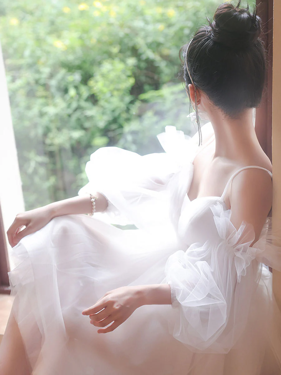White Sweetheart Neck Tulle Short Prom Dress, Cute White Homecoming Dresses - Deanwangkt