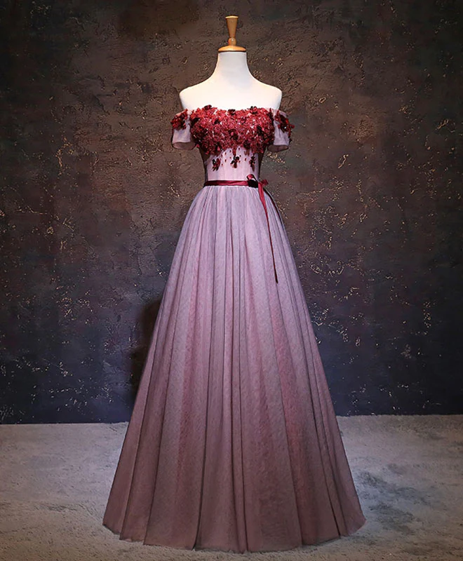 Pink Tulle Lace Applique Long Prom Dress, Burgundy Lace Evening Dress - Deanwangkt