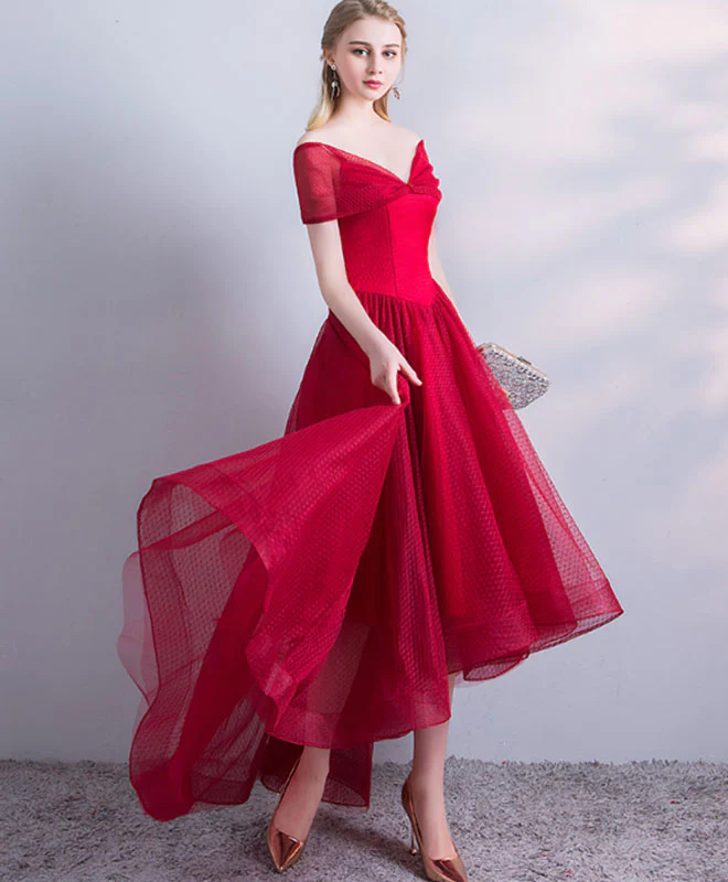 A Line V Neck High Low Burgundy Prom Dress, Burgundy Homecoming Dress - Deanwangkt