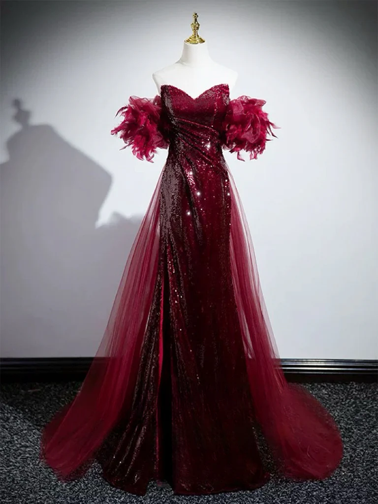 Mermaid Off Shoulder Sequin Burgundy Long Prom Dress, Burgundy Long Evening Dress - Deanwangkt