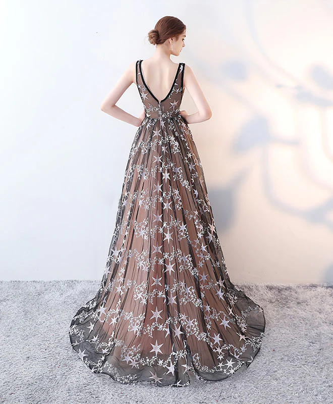 Cute Black V Neck Long Prom Dress, Black Long Evening Dress - Deanwangkt