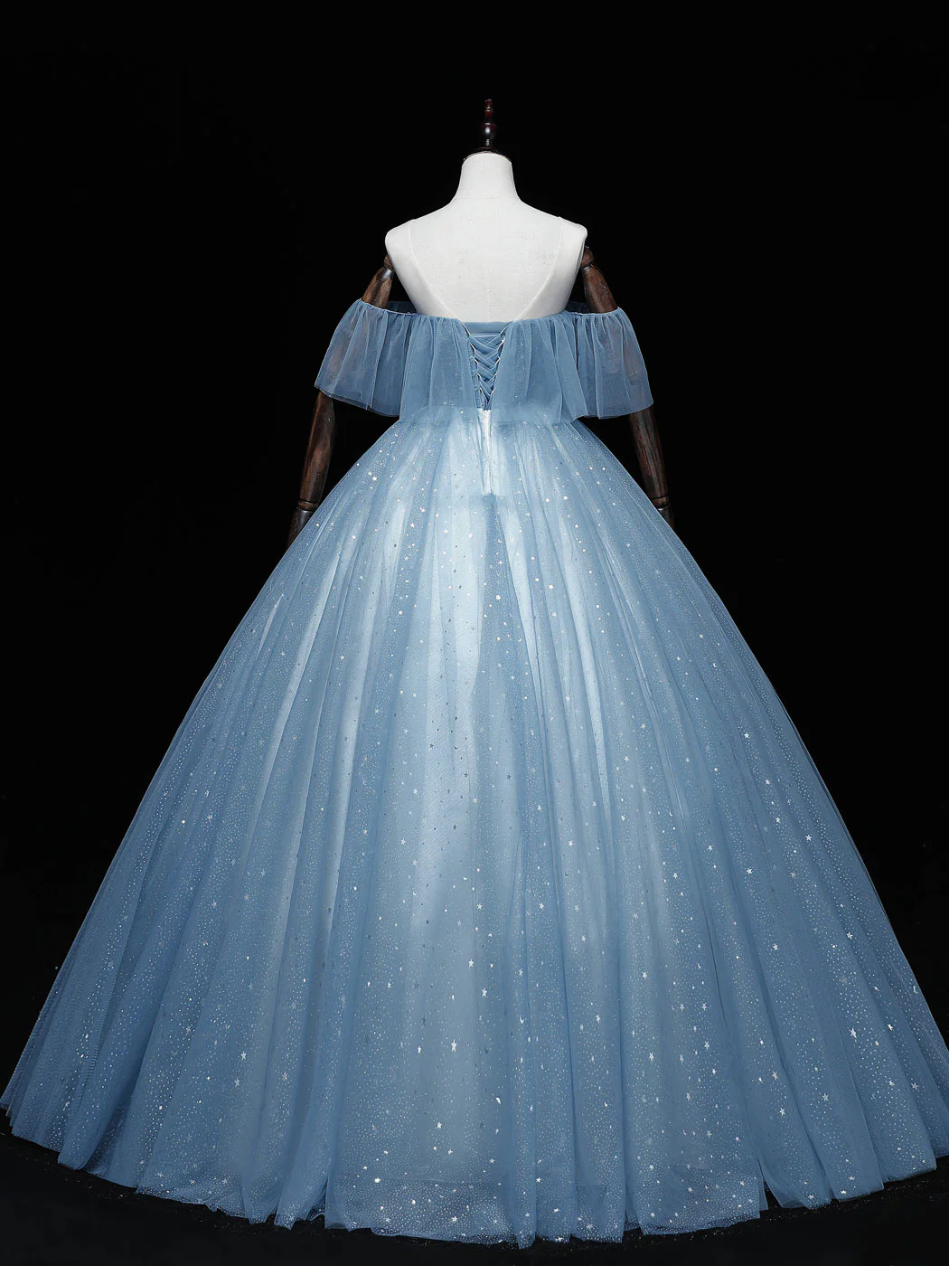Gray Blue Tulle Off Shoulder Long Prom Dress, Blue Tulle Formal Dresses - Deanwangkt