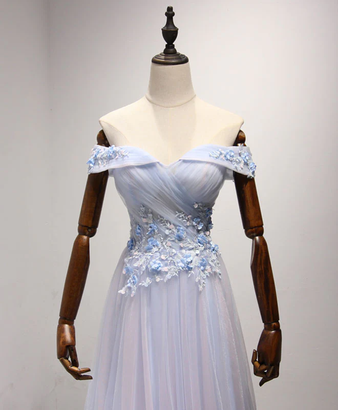 Light Blue Tulle Lace Long Prom Dress, Lace Evening Dress - Deanwangkt