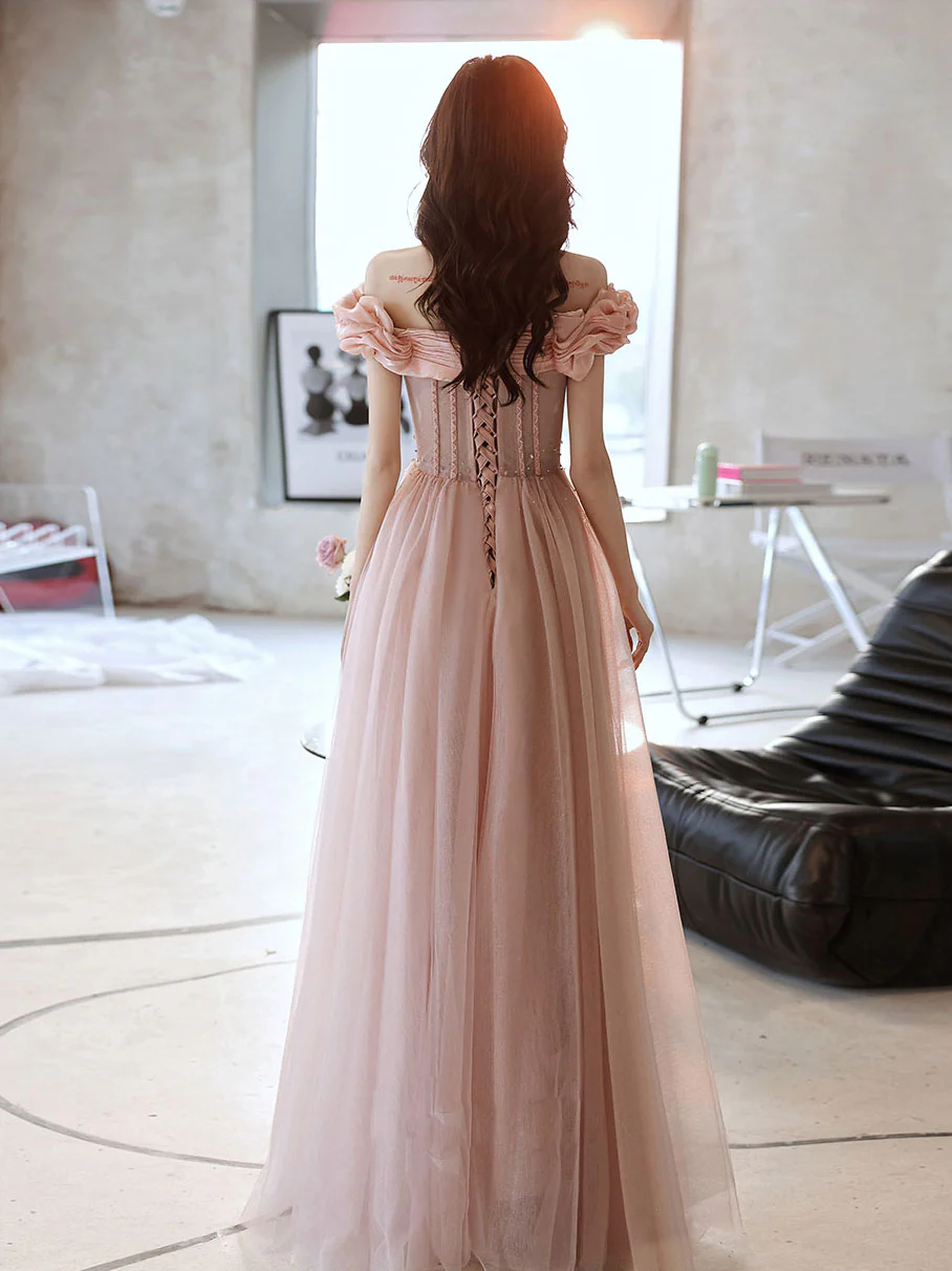 Pink Sweetheart Neck Tulle Beads Long Prom Dress, Pink Evening Dress - Deanwangkt