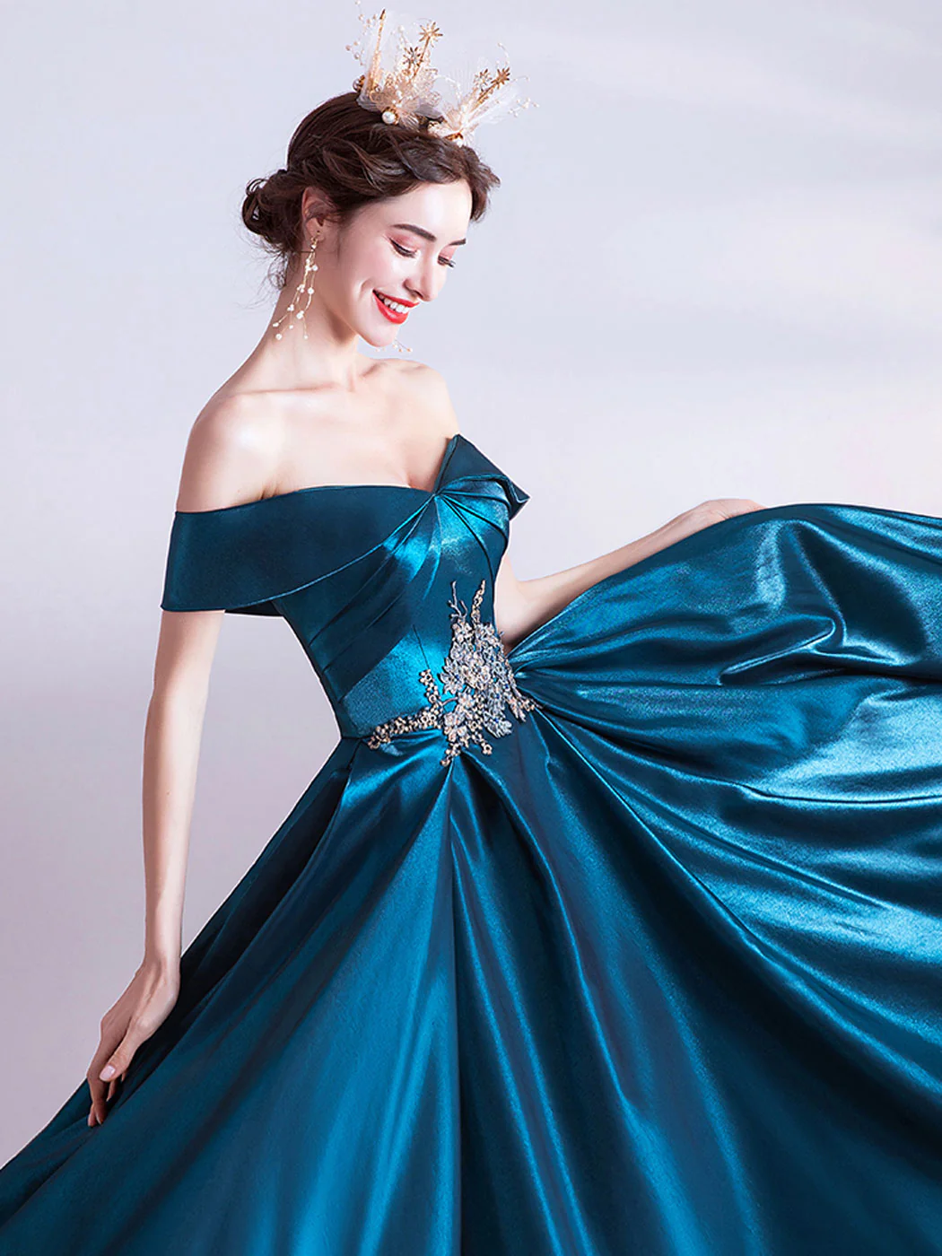 A-Line Sweetheart Neck Satin Blue Long Prom Dress, Blue Evening Dresses - Deanwangkt