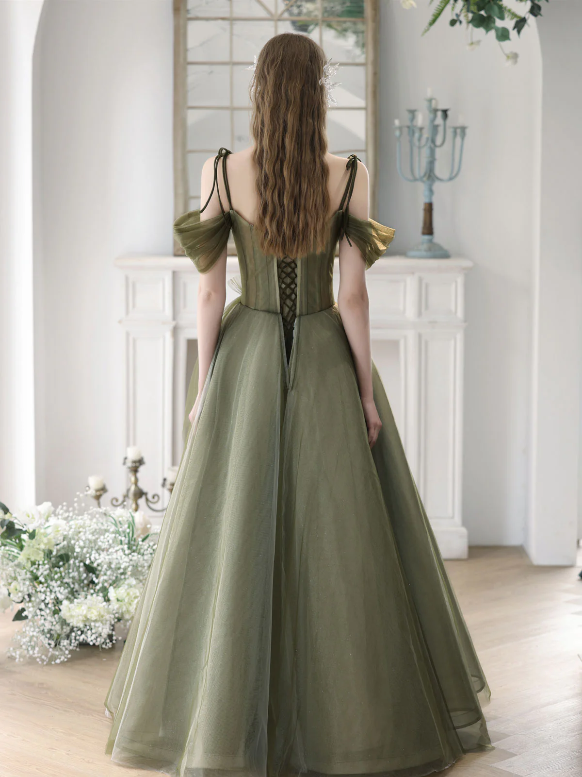 A-Line Off Shoulder Green Tulle Long Prom Dress, Green Formal Dresses - Deanwangkt
