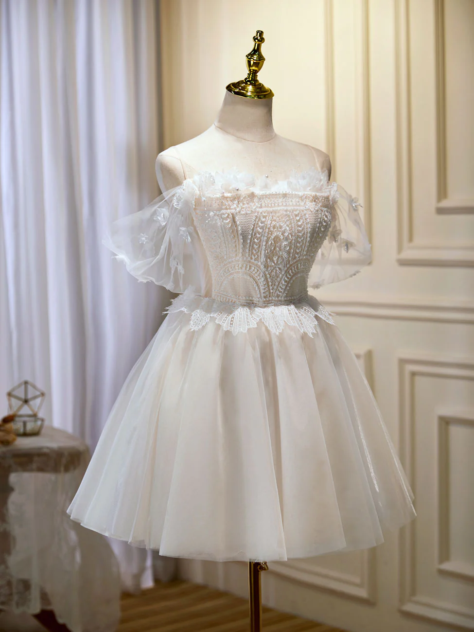 Mini/Short Beige Prom Dress, Puffy Beige Homecoming Dress With Lace - Deanwangkt